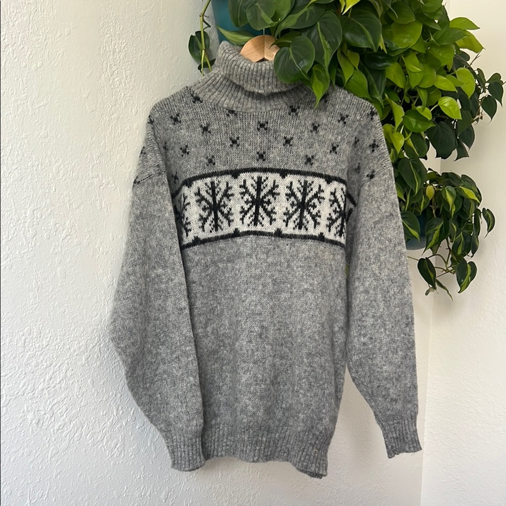 Gray and Black Turtleneck Sweater with Geometric Pattern